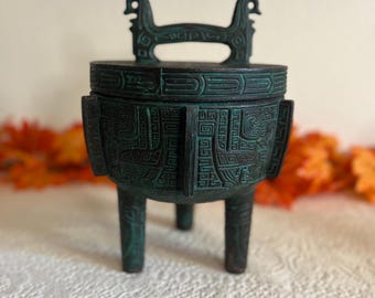 Vintage 1960s MCM Ice Bucket – James Mont Style, Aztec Motif, Verdigris Bronze
