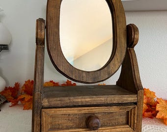 Vintage Handmade Wooden Swivel Vanity Mirror with Drawer – 19.5” Tall