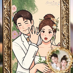 Puede incluir: Ilustración de dibujos animados enmarcada de una pareja de bodas. El novio viste un traje blanco y la novia un vestido blanco, ambos con detalles florales. La imagen incluye una foto circular más pequeña de la pareja y el texto "Overture of F".