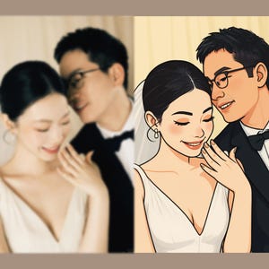 Puede incluir: Retrato de boda de una novia y un novio. La novia lleva un vestido blanco y un velo, mientras que el novio viste un esmoquin negro. La imagen es una mezcla de fotografía e ilustración, con enfoque suave a la izquierda y dibujo detallado a la derecha.
