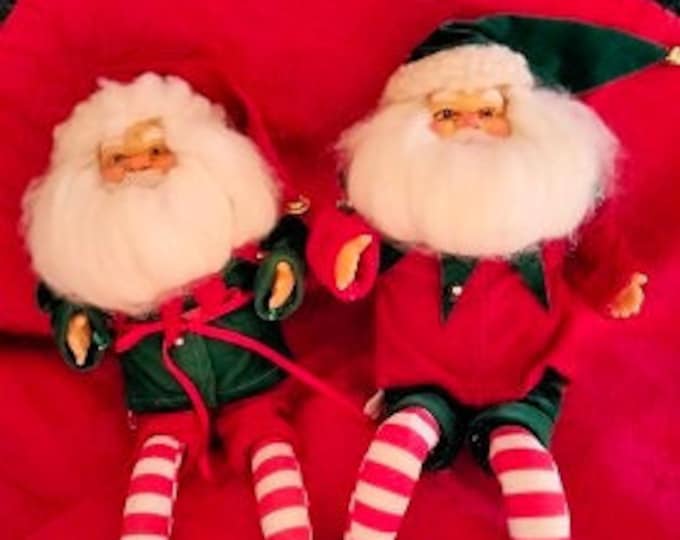 CHRISTMAS SANTA CUTIES!  Magical Pair of Vintage Santa Elfs with Beautiful Full White Cotton Beards & Bendable Arms and Legs