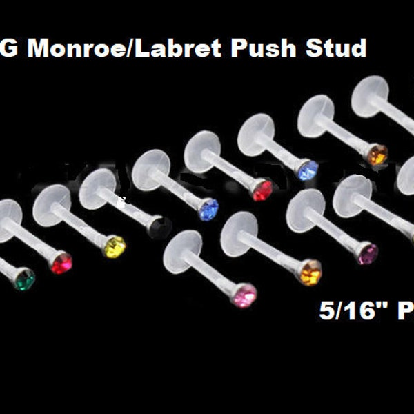Clear CZ Prong Gem Push In Threadless Surgical Steel Labret Lip Ear Stud 16g 18g - Foto 3