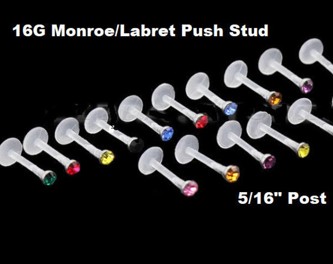 16G Monroe Labret CZ Lip Tragus Stud with Grooved Push Insert Pin Bio-flex Post & Base bodyjewelryretainerstore.com