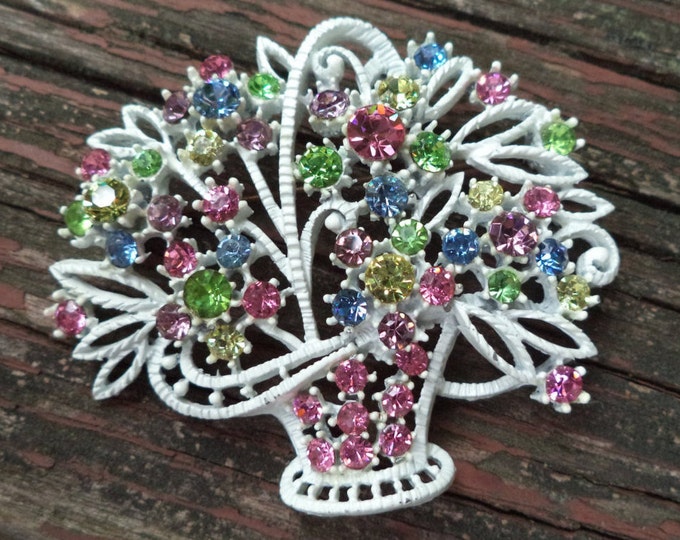 Vintage Brooch Tons of Rhinestones on This Vintage Flower Brooch Prong Set Rhinestone Brooch White Basket Multiple Colors Gift For Mom