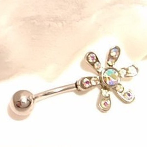 Belly Ring Diamond-Like Aurora Borealis Six Petal Flower Naval Ring with 1 Large and 12 Mini AB Stones