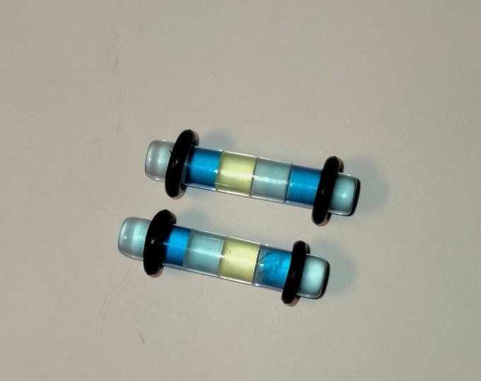 4G Ear Lobe Retainer Plugs Unusual 7/8" UV Blue & Green with Long 7/8" Non-Flexible Bar and No O-Ring Grooves  bodyjewelryretainerstore.com