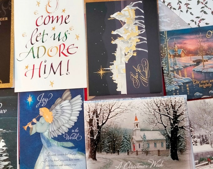 Religious Christmas Cards 30 Card Assortment with Churches Manger Holy Family Angels Sheep Peace Birds and Be Still USA Printed Matching Env