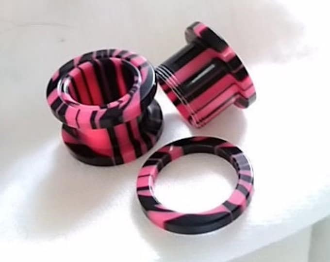 Piercing Tunnel Large Gauge 1/2 Inch Screw Type Ear Tunnel Light Redish-Pink & Black Stripes Comfortable   Body Jewelry