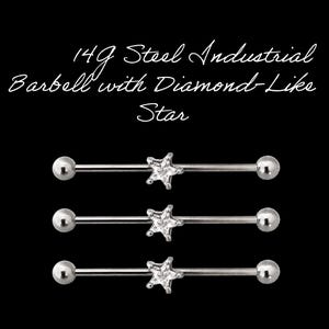 14G Surgical Steel Star Industrial Barbell, Diamond-Like 5/16" Star Stone, Externally threaded