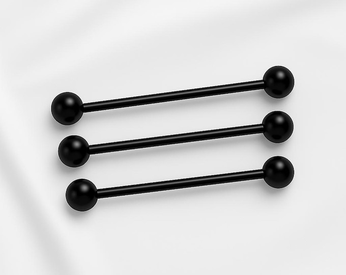 Pierced 14G Industrial Barbells 316L for Pierced Ears in solid colors of black, aqua blue, and a rainbow combination of pink and aqua