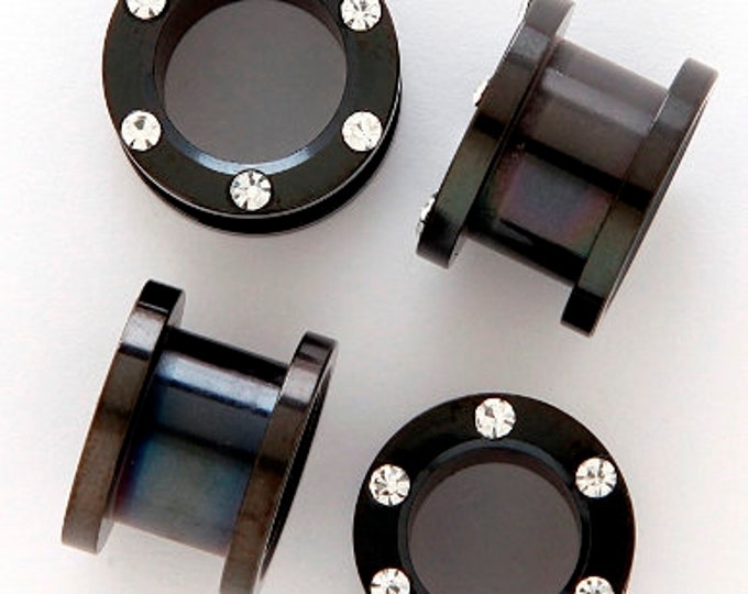 2G Tunnel Body Jewelry Rhinestone Screw Type Tunnels with 00G Cheater Disc with Six Clear Rhinestones bodyjewelryretainerstore.com