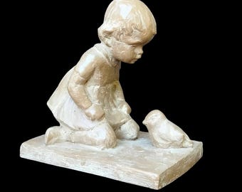 Vintage Haeger Sculpture – Martie Strubel “Magical Moment” Kneeling Girl with Bird, 1980s Ceramic Figurine