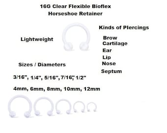 Clear Body Jewelry Horseshoe 16G Medical Jewelry Flexible Bioflex Soft and Flexible Septum Nose Brow Ear Tragus Helix