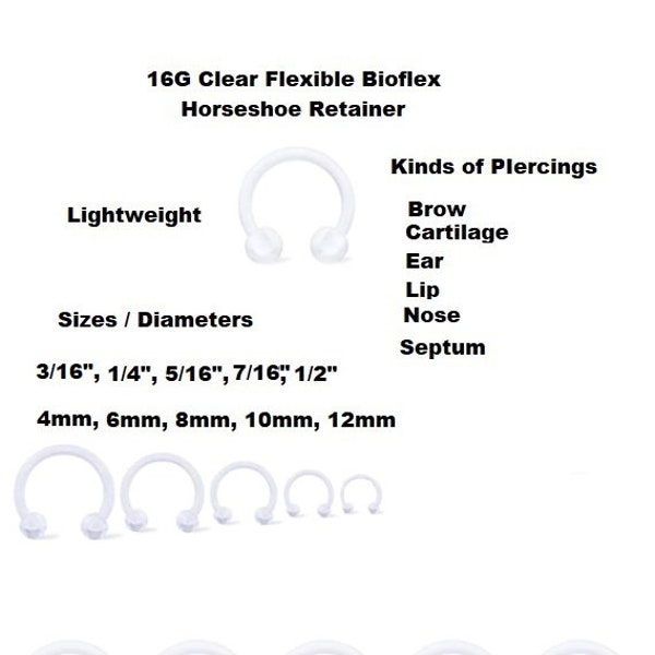 Clear Body Jewelry Horseshoe 16G Medical Jewelry Flexible Bioflex Soft and Flexible Septum Nose Brow Ear Tragus Helix