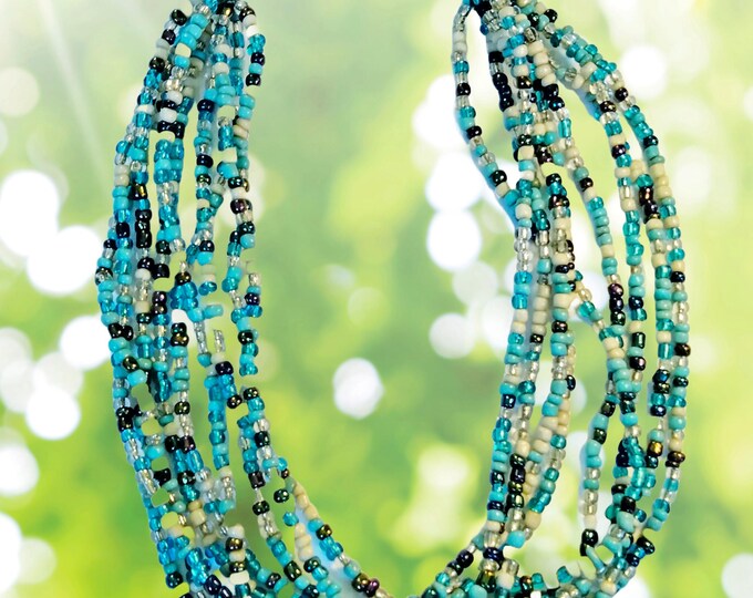 Elegant Vintage Nine-Strand Glass Bead Choker Necklace Featuring Turquoise, Metallic Blue, Silver, Copper, Clear, and Bone-White Glass Beads