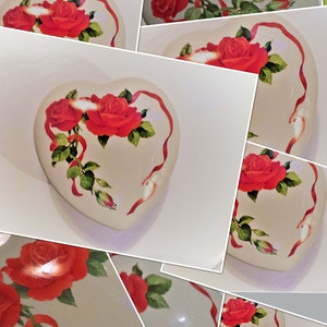 Vintage Ceramic Jewelry Box: Hand-Painted Heart Shaped Red Rose Floral