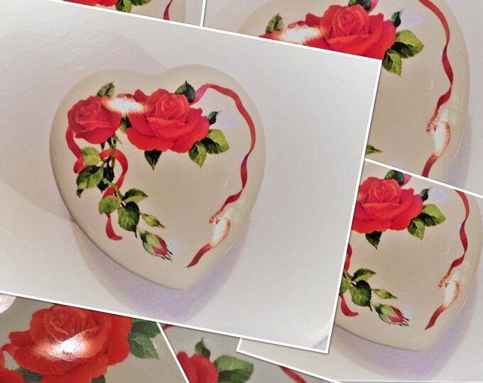 Valentine Vintage Trinket Box Med-Large Ceramic Trinket Box with Lid Hand Painted Floral Theme with Red Ribbon