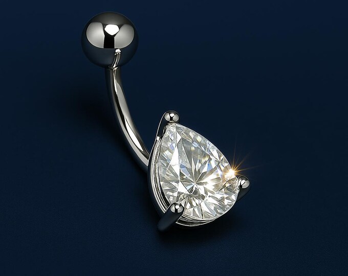 14G Belly Ring with Large Billiant Diamond-Like Faceted Teardrop Prong Set Single Stone bodyjewelryretainerstore.com
