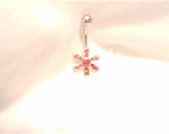 Belly Ring Pretty in Pink Six Petal Flower Naval Ring with 1 Large and 12 Mini Pink Stones