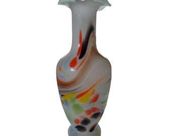 Artistic 15" Vintage Vase Made from White-Cased Glass & Colorful Marbleized Swirls for Sophisticated Home Decor and Elegant Table Display