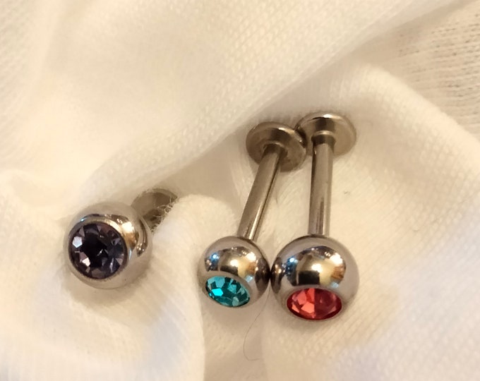 Pierced Labret 14G Monroe Lip Jewelry CZ Rhinestone Lg Ball Surgical Steel Body Jewelry in Various Colors and Lengths