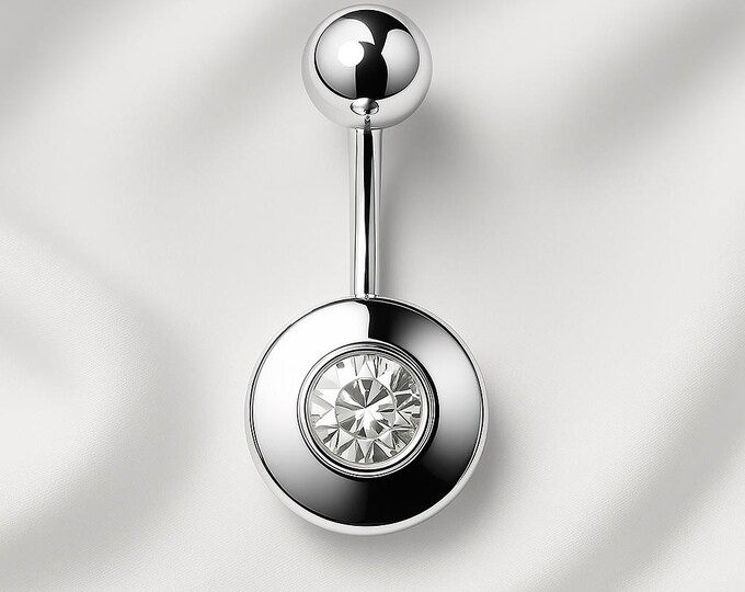14G Belly Ring Faceted Diamond Like Crystal Stone Belly Ring with Oval Bezel Silver Setting