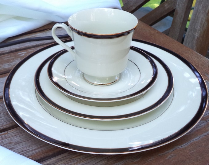 Vintage Classic Royal Limited 5 Pc Table Setting for 8 n Dynasty Black w Sugar Bowl w Lid ,Creamer, Chop Plate, Round Platter Vegetable Bowl
