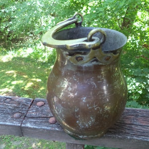 Antique Handmade Bucket: Curved Metal Pail with Gold Tone Accents