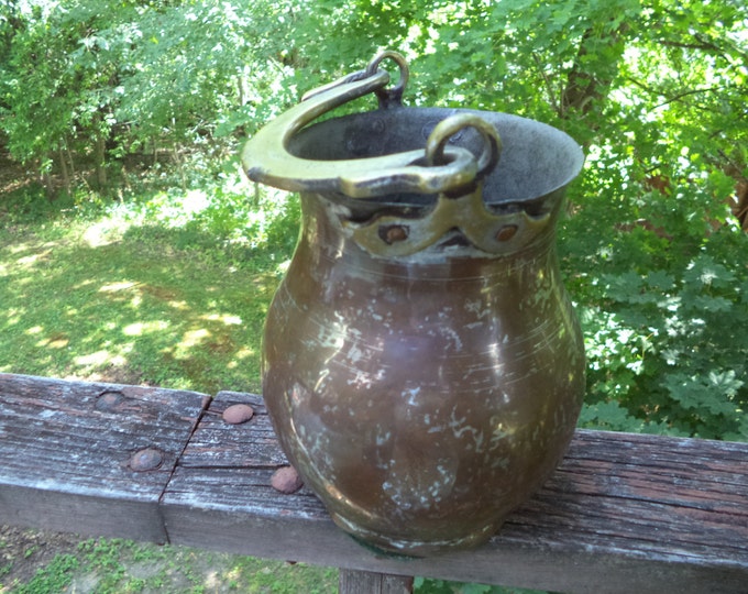 Antique Barn Bucket Farm Pale Farmer's Barn Bucket Fancy Bucket Antique Small Hand Made Curved Bucket with Swing Handle Gold Tone Accents