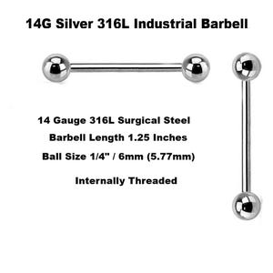14G Barbell l Tongue Nipple or Industrial l 316L Surgical Steel l Length 5.56 mm l Internally Threaded