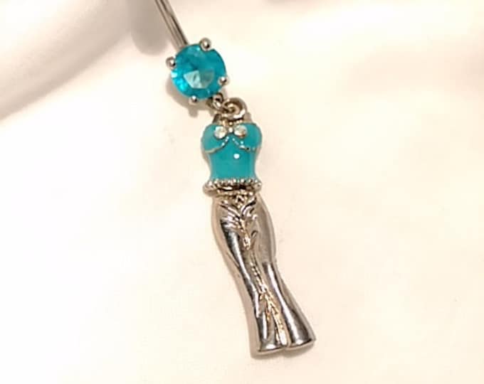 14G Belly Ring Party Girl Belly Jewelry with Turquoise & Clear Rhinestones bodyjewelryretainerstore.com