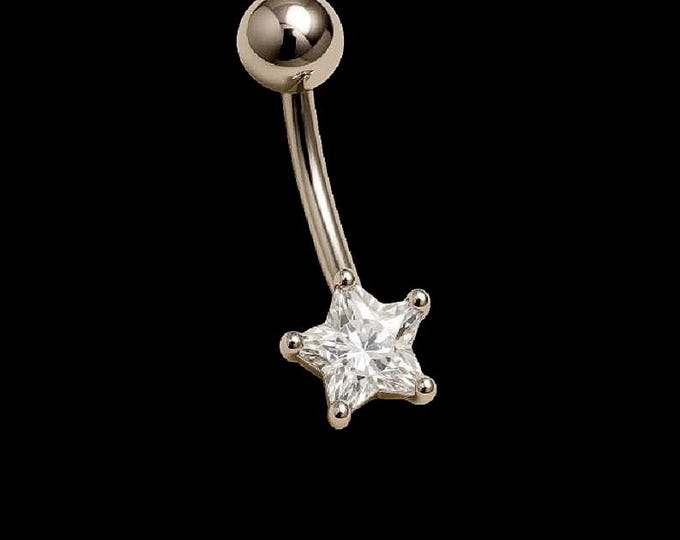14G Belly Ring Body Jewelry with Diamond-Like Faceted Star Prong Set Single Stone bodyjewelryretainerstore