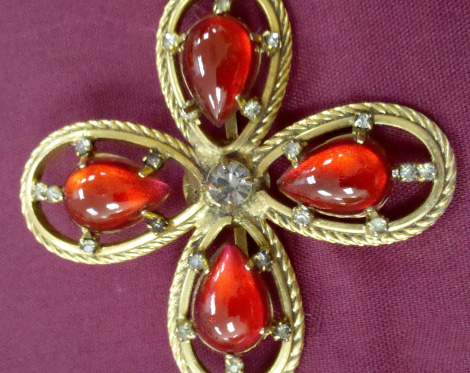 Vintage Brooch Mother's Day Gift Freirich Brooch Ruby Red Maltese Cross in Poured Glass Gift for Mom