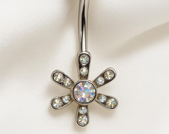14G Beautiful Aurora Borealis Flower Belly Ring – Dazzling & Elegant