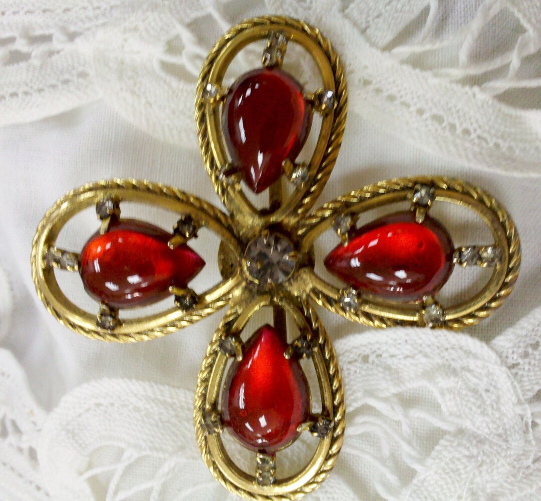Freirich Brooch Ruby Red Maltese Cross in Poured Glass - Etsy