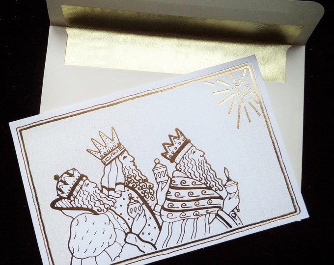 Vintage Christmas Card Made in USA Cleveland OH Three Wisemen with Gold Foil Lined Envelope
