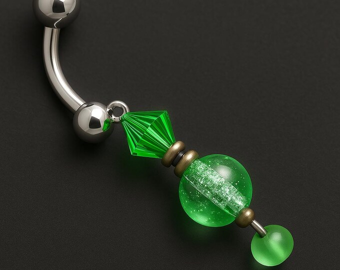 14G Green Beaded Dangle Belly Ring – Elegant Gold-Tone Accents! Feminine, Chic & Absolutely Stunning!