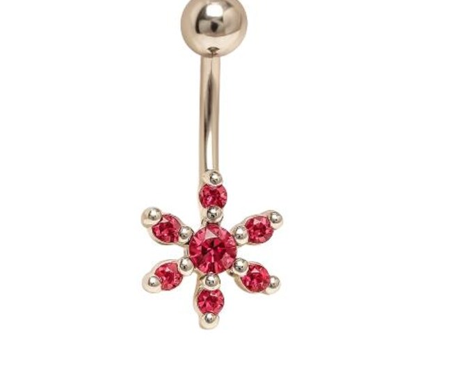 Pierced Belly Ring Pretty in Pink Six Petal Flower Naval Ring with 1 Large and 12 Mini Pink Stones Naval Jewelry bodyjewelrybodystore