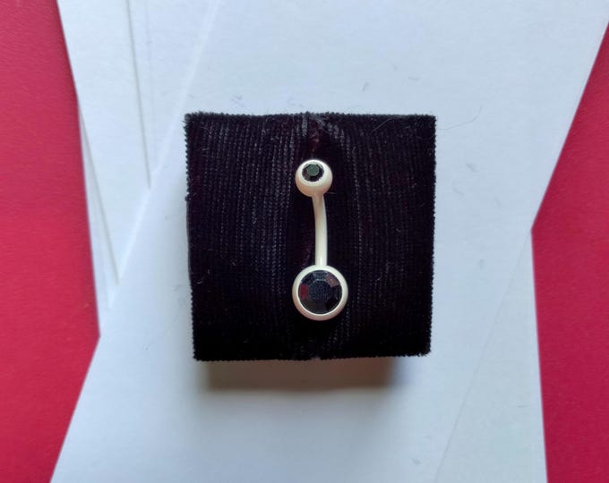 14G Belly Ring White Enamel Coated with Bezel Set Black Faceted Black Rhinestones