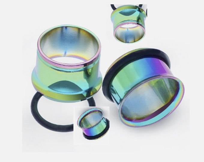Blue Single Flare Pierced Ear Flesh Tunnels 316L High Polished Surgical Steel with Blue Titanium Coating Large Gauges Sold Individually