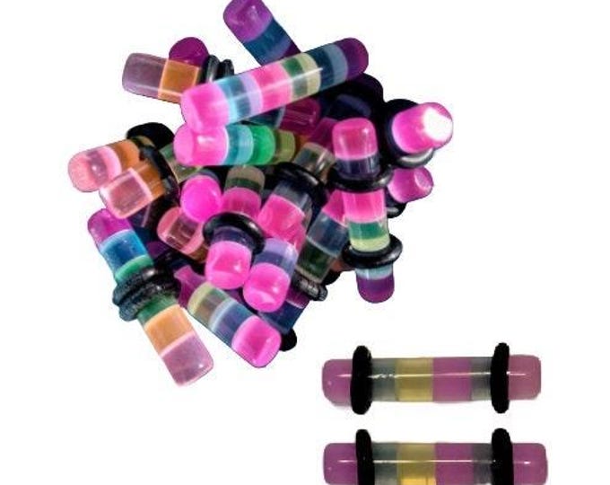 4G 7/8" Pierced Ear Stretchers Plugs Unusual UV Multicolored Long Non-Flexible Bar & No O-Ring Guide Marks bodyjewelryretainerstore.com