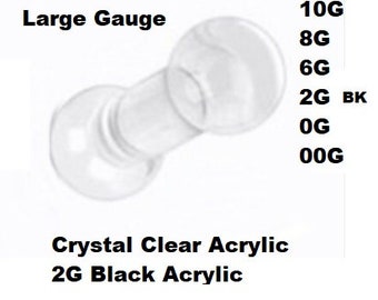 Large Gauge Retainer Barbell Clear 5/8" Bar  00G 1/2" Bar Gauges:  Available Gauges 10, 8, 6, 2, 0, 00