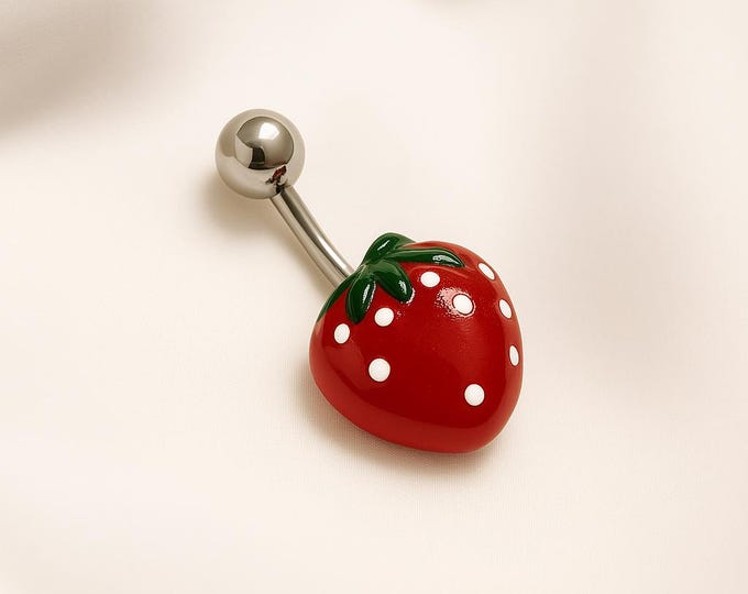 Pierced 14G Belly Ring Strawberry Belly Ring Enamel with Green and White Accents