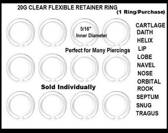 20G and 22G Medical Jewelry Clear Flexible Acrylic 5/16th ID Ring Hoop for Cartilage Daith Helix Lip Lobe Navel Nipple Septum Snug Tragus