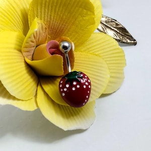 Enamel Strawberry Belly Ring: 14G Pierced Barbell with Green & White Accents