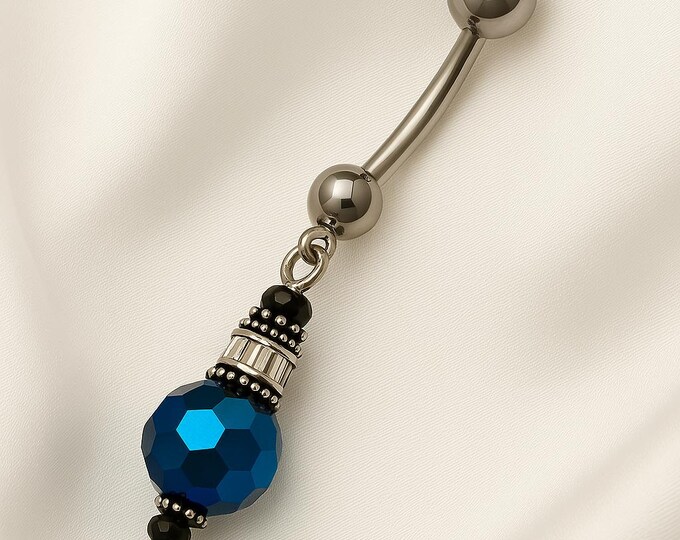 14G Blue Faceted Beaded Belly Ring – Elegant Dangle Body Jewelry! Feminine, Fancy & Absolutely Irresistible!