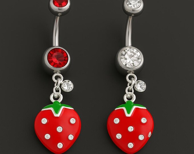 14G Strawberry Belly Ring – Sparkling Red Gem Dangle Body Jewelry! Sweet, Sexy & Absolutely Stunning!