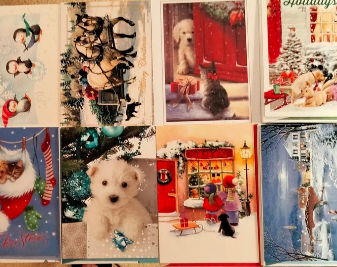 Christmas Cards 30 Card Assortment with Animals Penguins Horses Dogs Cats Deer Kids Family Lakes Festive Houses USA Printed Matching Env
