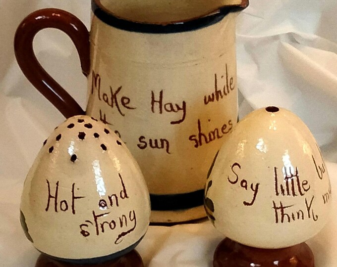 Vintage Pottery 3-Piece Salt, Pepper & Creamer Set Glazed Ceramic Hand Painted and Printed Made in England Like New Rare