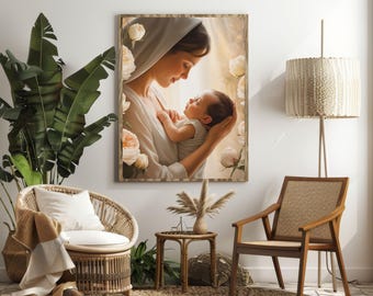 Mother Baby Art, Madonna Motherhood Canvas Print, Neutral Floral Nursery Decor